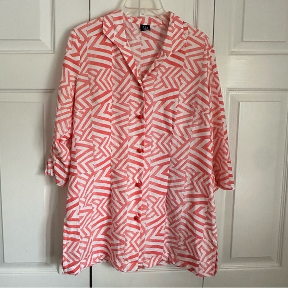 Connie Roberson Shirt Womens L Linen Button Up Geometric Lagenlook Made in USA - Picture 1 of 15